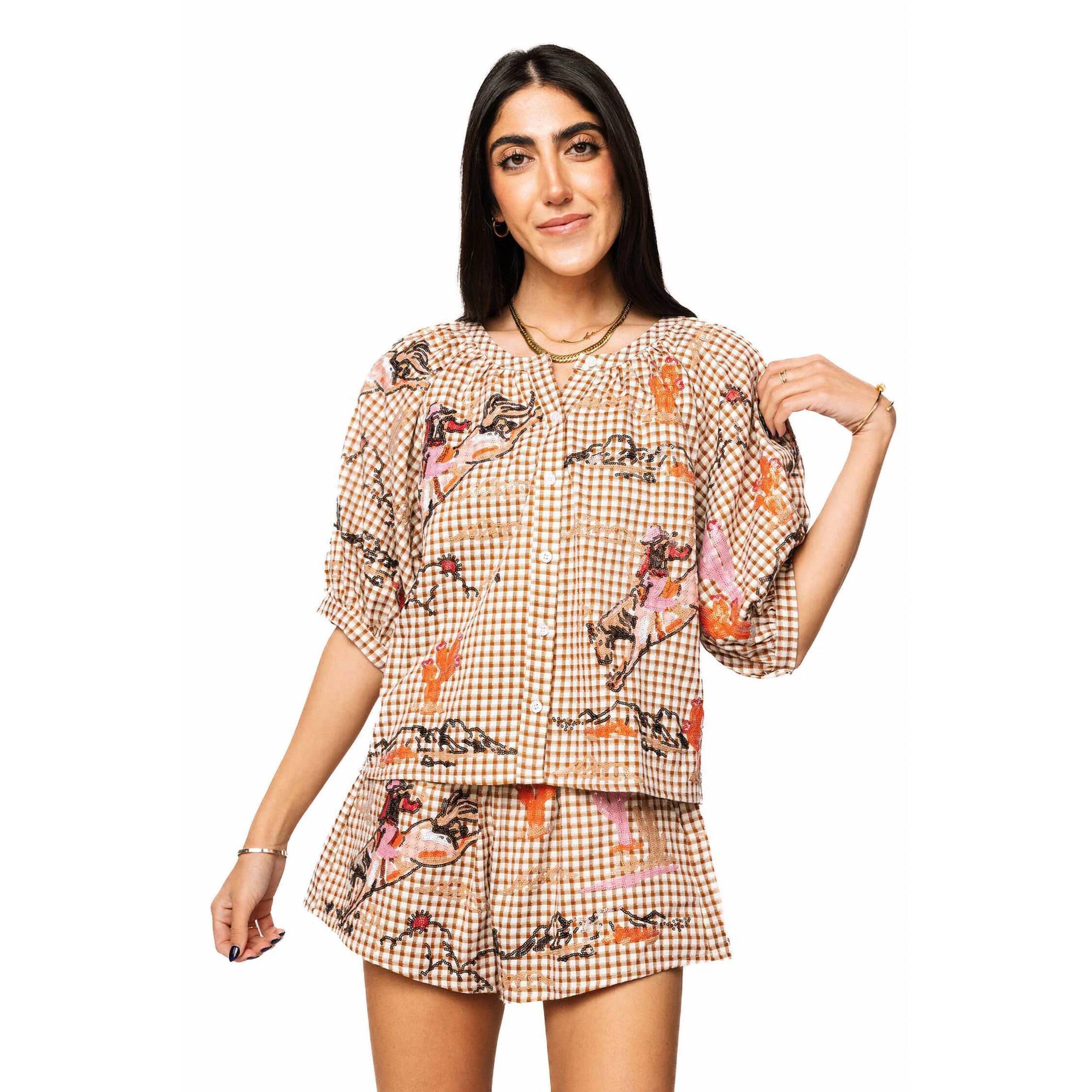 New Queen Of Sparkles Gingham Bucking Horse Top In Brown